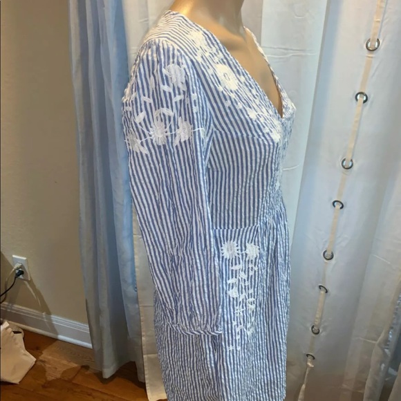 Free People Blue Stripped Embroidered V Neck Dress - Picture 5 of 6